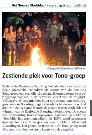 De mooie score van onze scouts op de Regionale Scouting Wedstrijden leverde een leuk artikel op in het Nieuwe Stadsblad van 20 april (pagina 25)