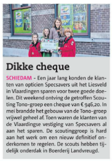 Een jaar lang spaarden de klanten van Specsavers Vlaardingen voor de Scouting Tono-groep
