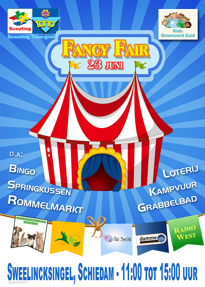 De flyer die Kids Groenoord Zuid heeft uitgegeven over de fancy fair voor de Scouting Tono-groep