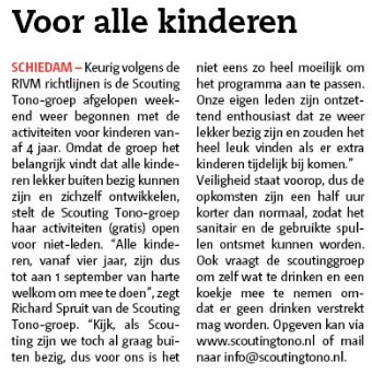 Ook op pagina 3 vertelde het Nieuwe Stadsblad over de openstelling wegens Conora van de activiteiten van de Scouting Tono-groep