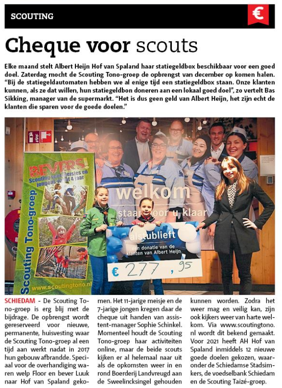 De Scouting Tono-groep ontving de opbrengst van de statiegeldbox van Albert Heijn Hof van Spaland in Schiedam
