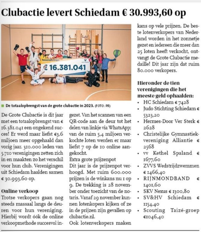 In het Nieuwsblad Schiedam de resultaten van de Grote Clubactie 2023