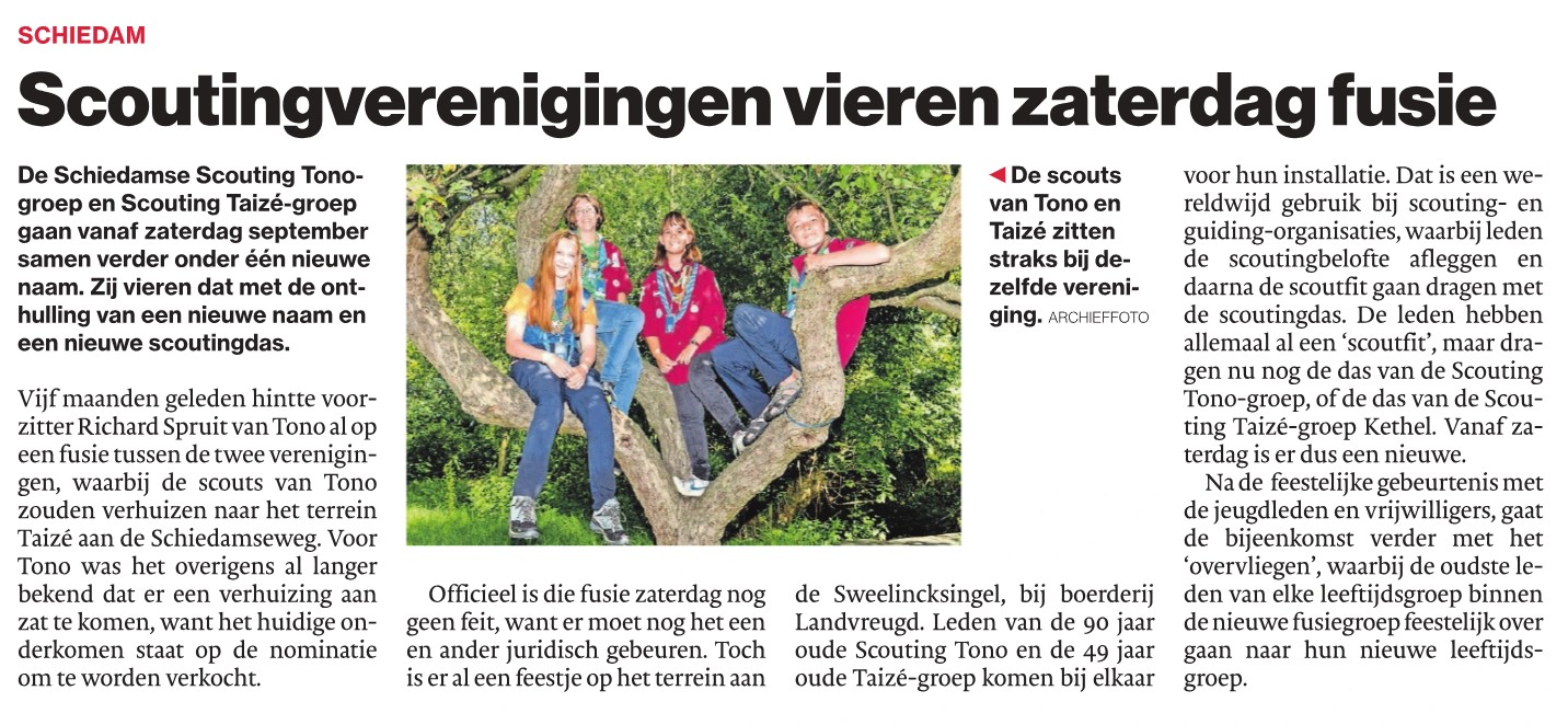 In het katern Waterweg van het Algemeen Dagblad van 5 september 2024 het artikel over de komende feestelijke bijeenkomst waarbij de twee scoutinggroepen samen verder gaan