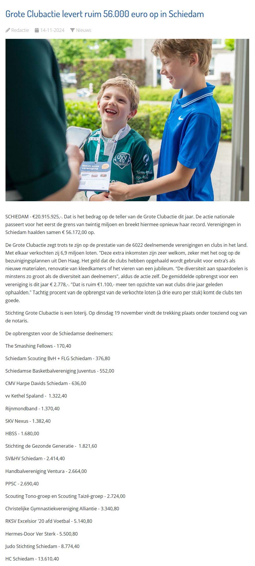 Schiedam24 was een van de vele nieuwsmedia die berichtte over de prachtige opbrengst van de Grote Clubactie voor Scouting Aleida Schiedam