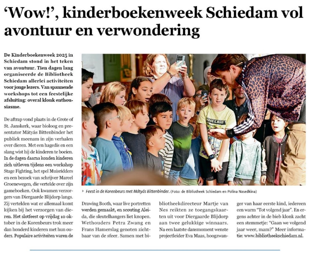 Op de voorpagina van Nieuwsblad Schiedam van 15 oktober 2025 een verslag van de afsluiting van de kinderboekenweek waar Scouting Aleida Scheidam een populaire workshop verzorgde